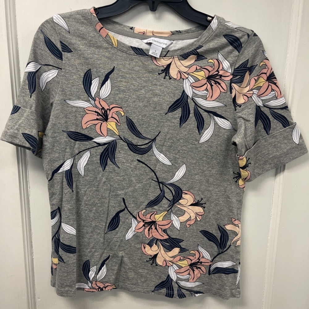 Liz Claiborne T-Shirt Gray Heather /Peach Floral Short Slv Cotton Top ~ Size S - Picture 1 of 7